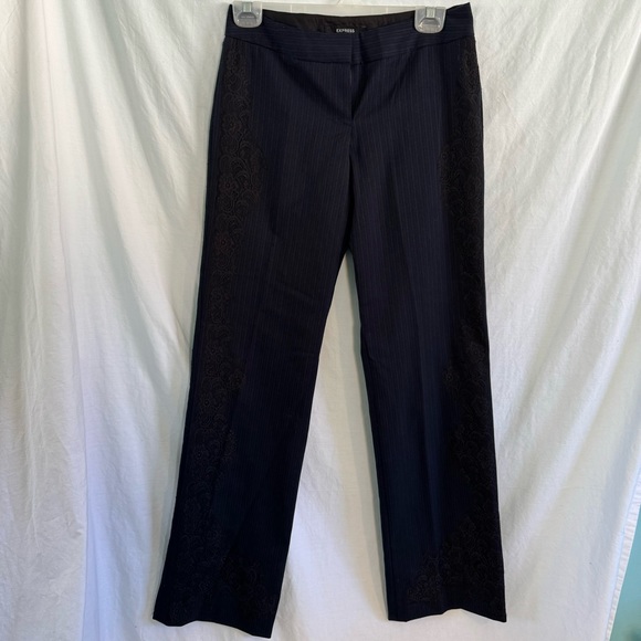 Express Navy Blue Lace Pinstripe Wool Blend Stretch Dress Trousers Pants Sz 1/2. - Picture 1 of 7